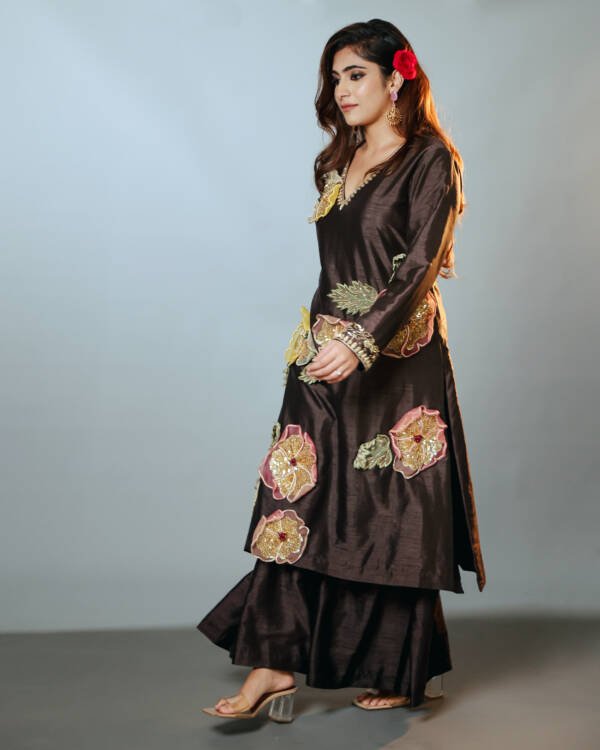 Kurta Set With 3D Flowers in Zardozi Work in Raw Silk Brown - Image 3