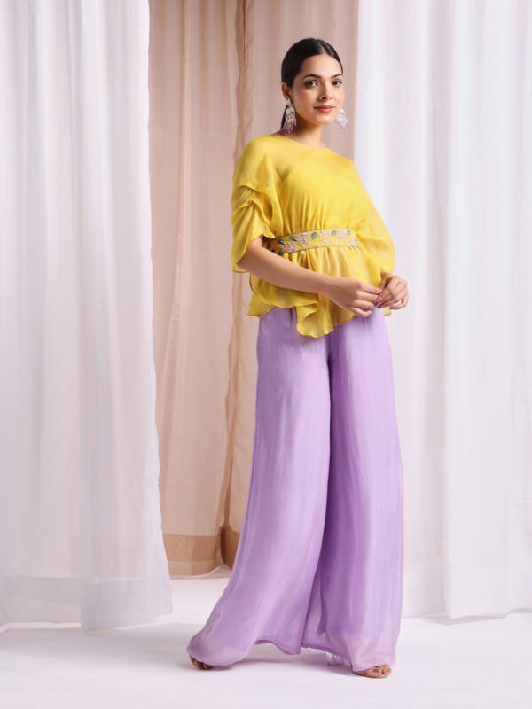 Co-Ord Set Embroidered Belt in Organza Yellow & Lavender - Image 4