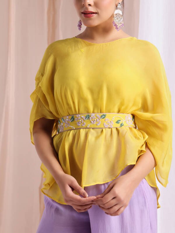 Co-Ord Set Embroidered Belt in Organza Yellow & Lavender - Image 3