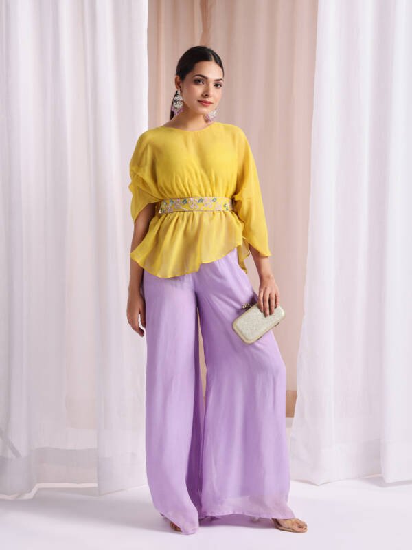 Co-Ord Set Embroidered Belt in Organza Yellow & Lavender