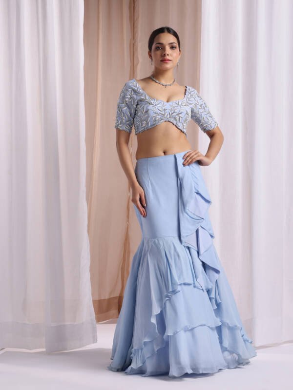 Indo-Western Lehanga in Mermaid Style With Modern Embroidery in Organza Ice Blue - Image 4