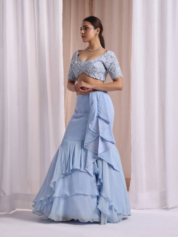 Indo-Western Lehanga in Mermaid Style With Modern Embroidery in Organza Ice Blue