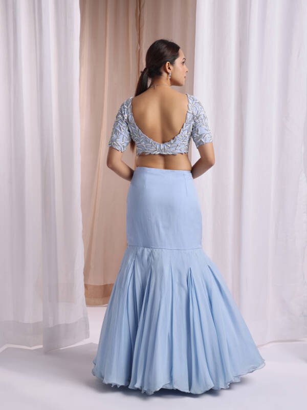 Indo-Western Lehanga in Mermaid Style With Modern Embroidery in Organza Ice Blue - Image 3