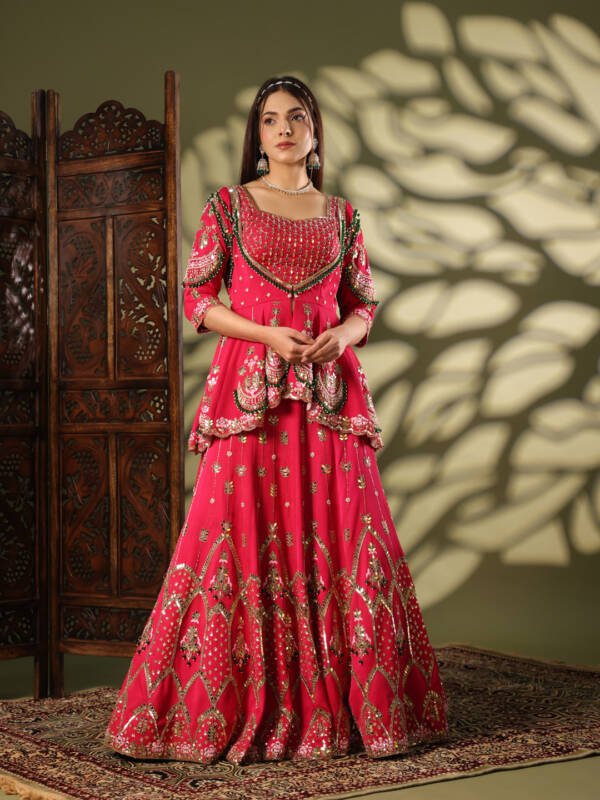 Lehanga With Mirror Work in Modal Satin and Organza Rose Pink - Image 2