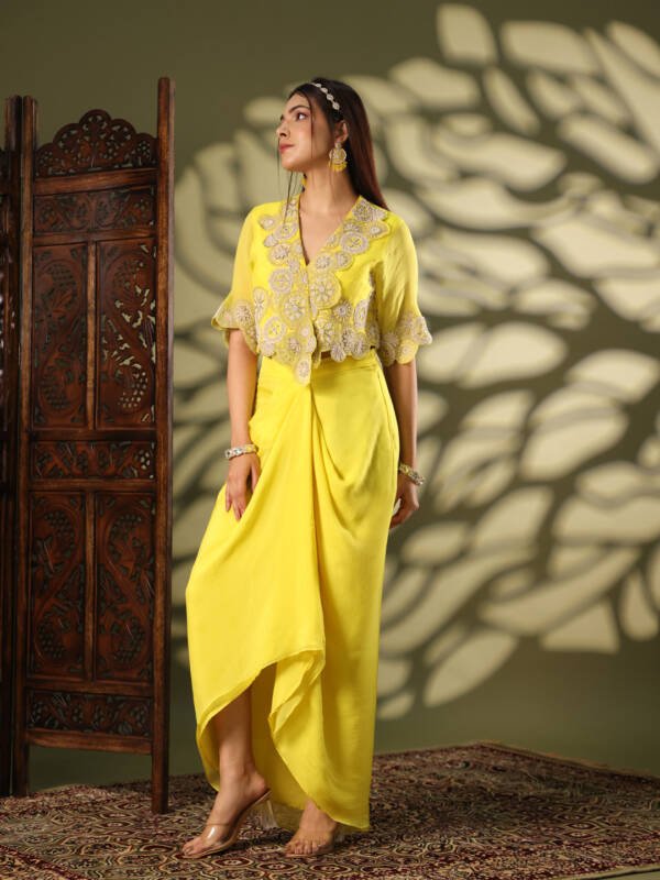 Indo-Western Drape With Dabka and Dori Work in Organza Yellow