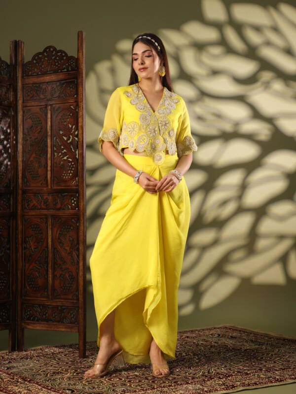 Indo-Western Drape With Dabka and Dori Work in Organza Yellow - Image 4