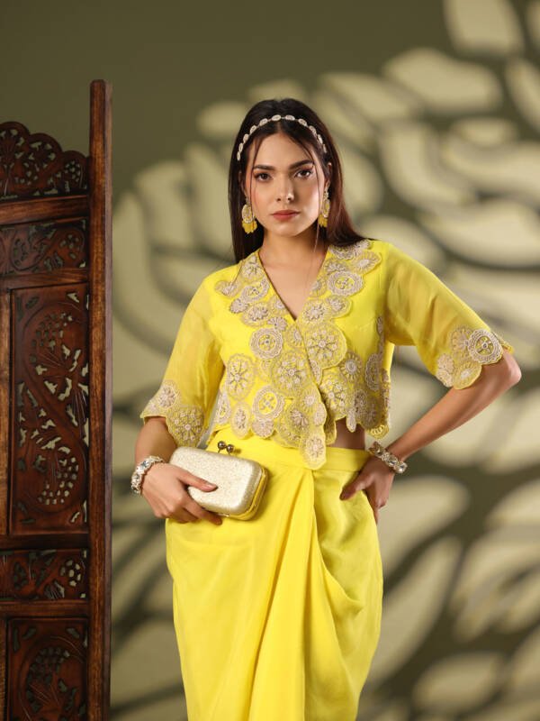 Indo-Western Drape With Dabka and Dori Work in Organza Yellow - Image 2