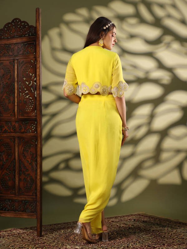 Indo-Western Drape With Dabka and Dori Work in Organza Yellow - Image 3