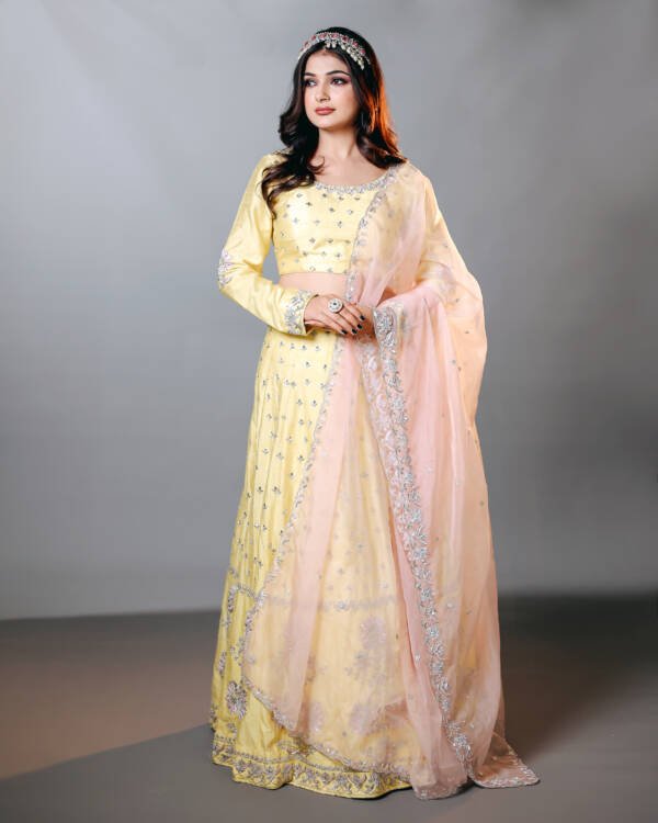 Pastel Lehanga With Silver Dabka Work in Raw Silk Powder Yellow & Pastel Pink - Image 3