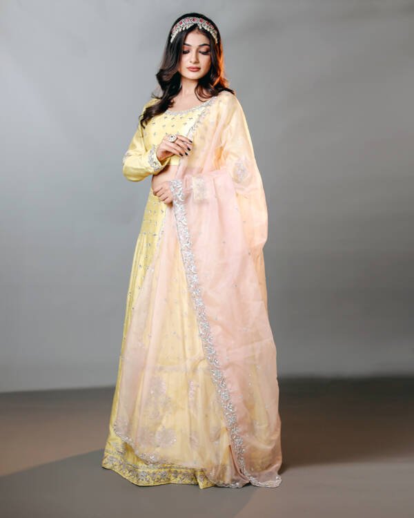 Pastel Lehanga With Silver Dabka Work in Raw Silk Powder Yellow & Pastel Pink