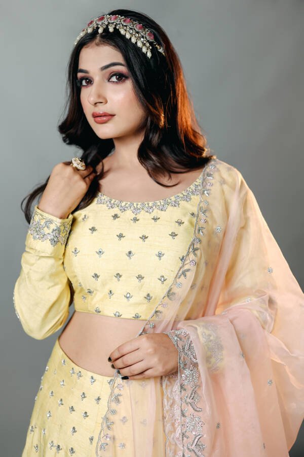 Pastel Lehanga With Silver Dabka Work in Raw Silk Powder Yellow & Pastel Pink - Image 5