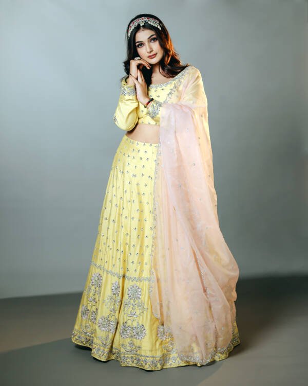 Pastel Lehanga With Silver Dabka Work in Raw Silk Powder Yellow & Pastel Pink - Image 4