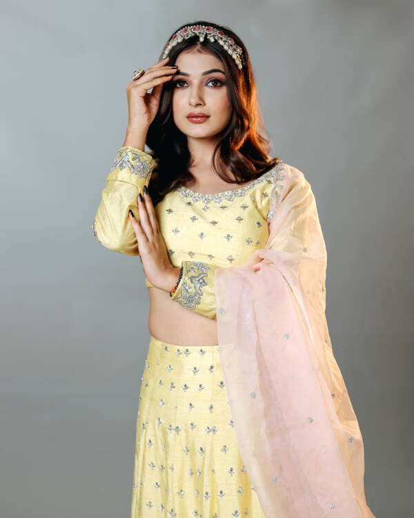 Pastel Lehanga With Silver Dabka Work in Raw Silk Powder Yellow & Pastel Pink - Image 2