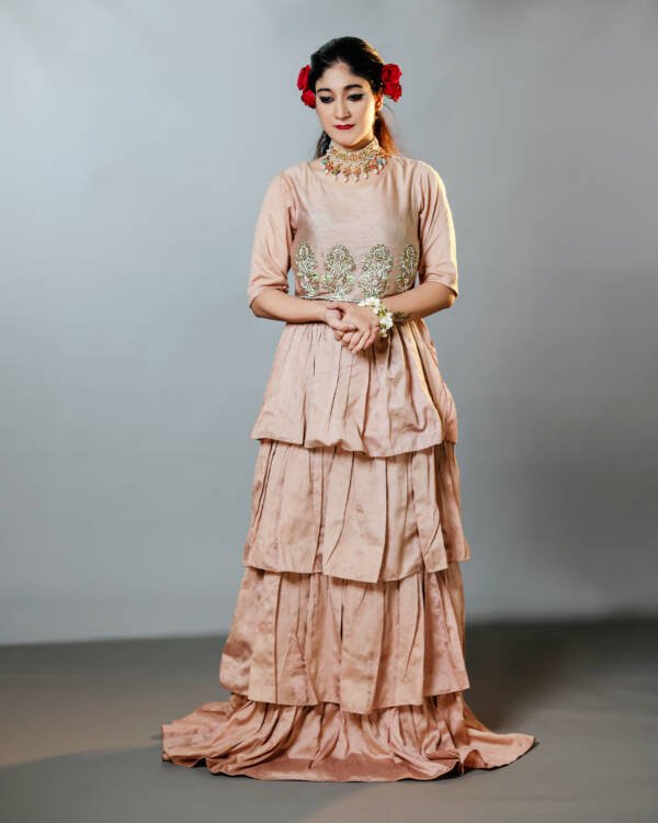 Long Anarkali Dress in Jaipuri Motifs With Zardozi and Resham Knot Work in Raw Silk Mushroom Copper