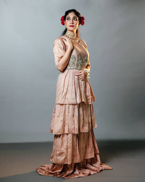 Long Anarkali Dress in Jaipuri Motifs With Zardozi and Resham Knot Work in Raw Silk Mushroom Copper - Image 3