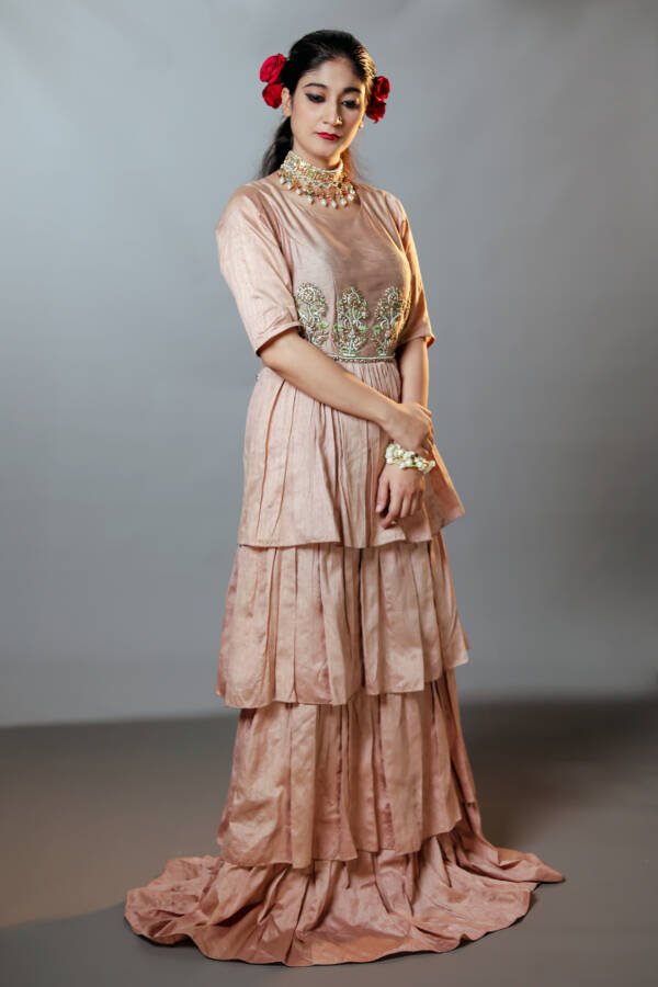 Long Anarkali Dress in Jaipuri Motifs With Zardozi and Resham Knot Work in Raw Silk Mushroom Copper - Image 2