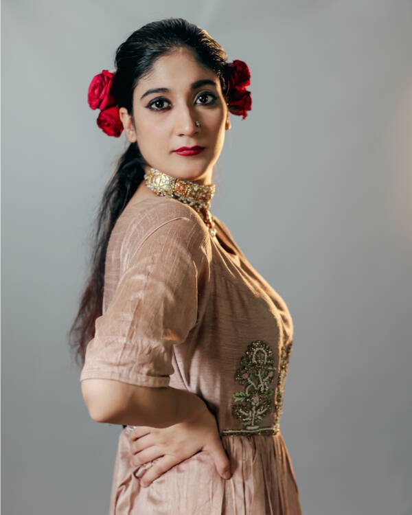 Long Anarkali Dress in Jaipuri Motifs With Zardozi and Resham Knot Work in Raw Silk Mushroom Copper - Image 4