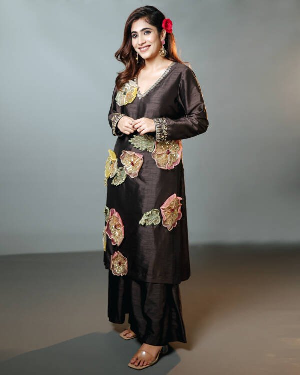 Kurta Set With 3D Flowers in Zardozi Work in Raw Silk Brown