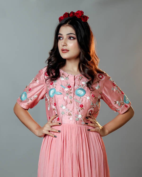 Anarkali Dress With Floral Motifs and Anchor Thread Work in Raw Silk & Chinnon Chiffon Blust Pink - Image 3