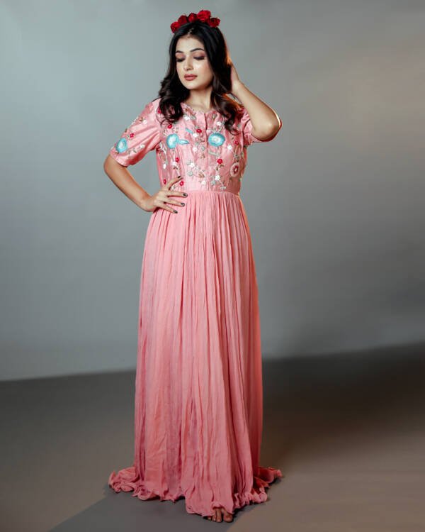 Anarkali Dress With Floral Motifs and Anchor Thread Work in Raw Silk & Chinnon Chiffon Blust Pink