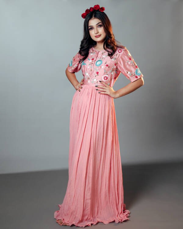 Anarkali Dress With Floral Motifs and Anchor Thread Work in Raw Silk & Chinnon Chiffon Blust Pink - Image 2