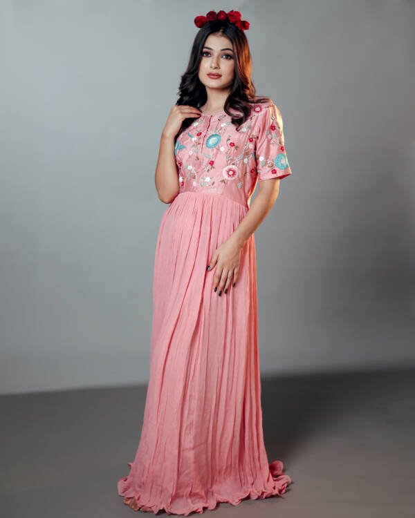 Anarkali Dress With Floral Motifs and Anchor Thread Work in Raw Silk & Chinnon Chiffon Blust Pink - Image 4