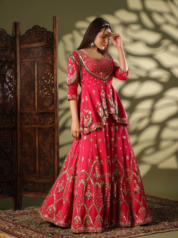 Lehanga With Mirror Work in Modal Satin and Organza Rose Pink