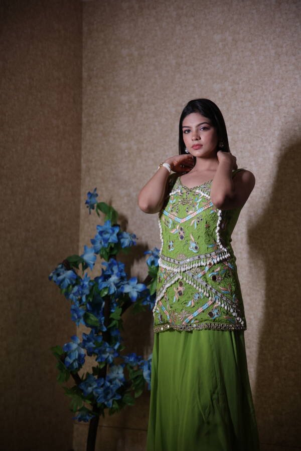 Sharara Suit With Mirror and Kodi Work in Georgette Green - Image 2