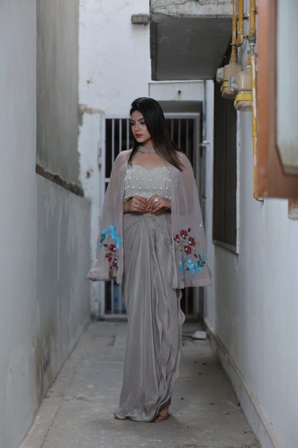 Indo-Western Drape With Handpainted Motifs and Pearl Work in Opada Silk & Organza Grey - Image 5