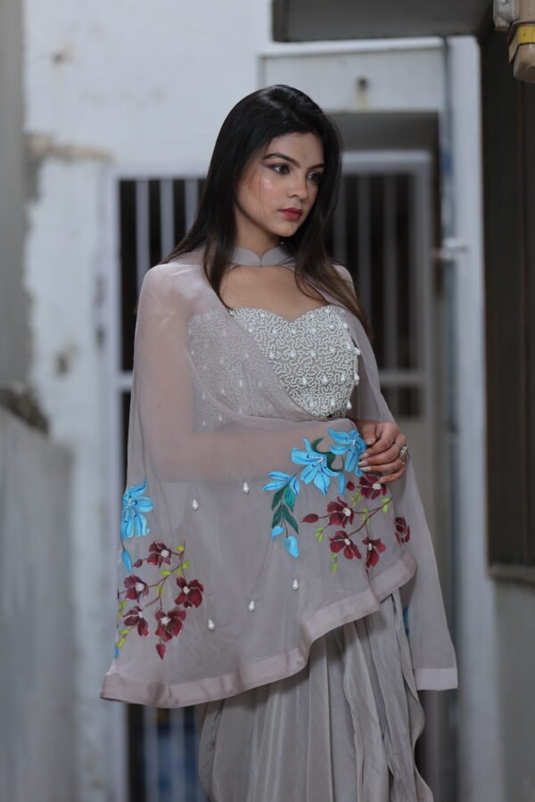 Indo-Western Drape With Handpainted Motifs and Pearl Work in Opada Silk & Organza Grey - Image 4