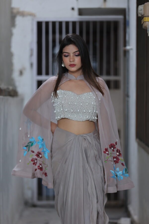 Indo-Western Drape With Handpainted Motifs and Pearl Work in Opada Silk & Organza Grey - Image 3