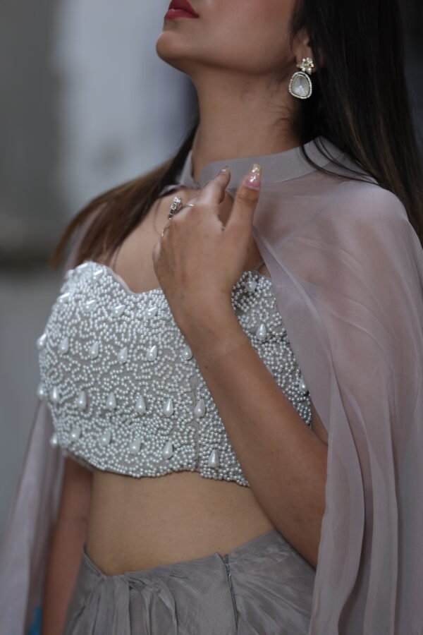 Indo-Western Drape With Handpainted Motifs and Pearl Work in Opada Silk & Organza Grey - Image 2