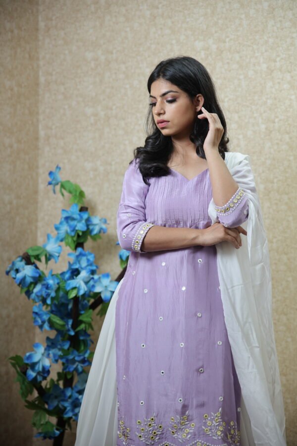 Sharara Suit With Mirror Work in Opada Silk & Georgette Lavender & White - Image 3