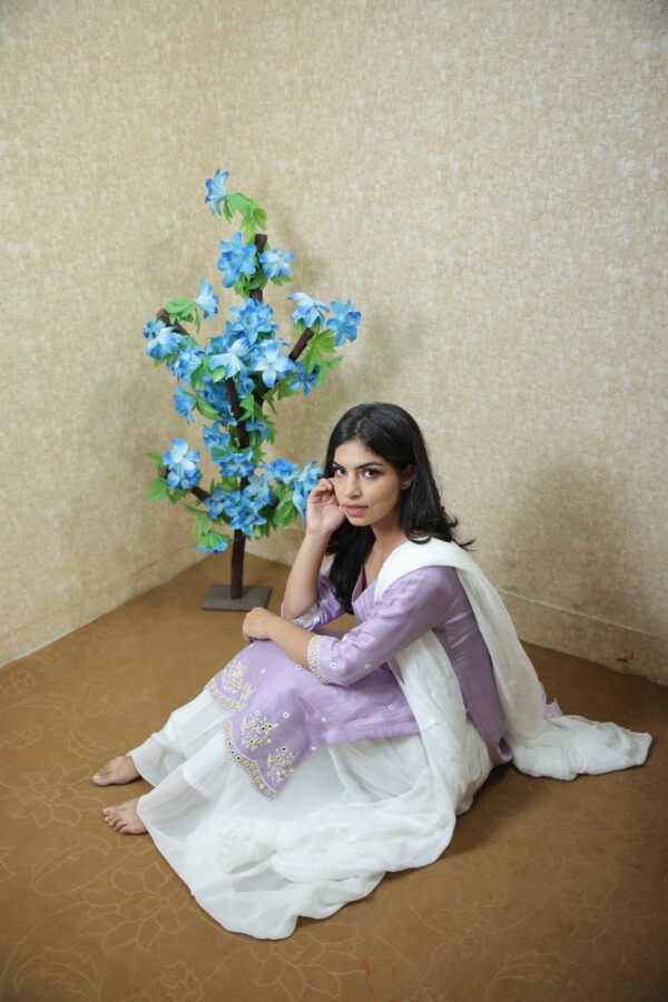 Sharara Suit With Mirror Work in Opada Silk & Georgette Lavender & White - Image 2