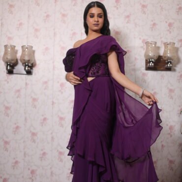 Indo-Western Drape Saree With Corset Blouse in Organza Deep Purple