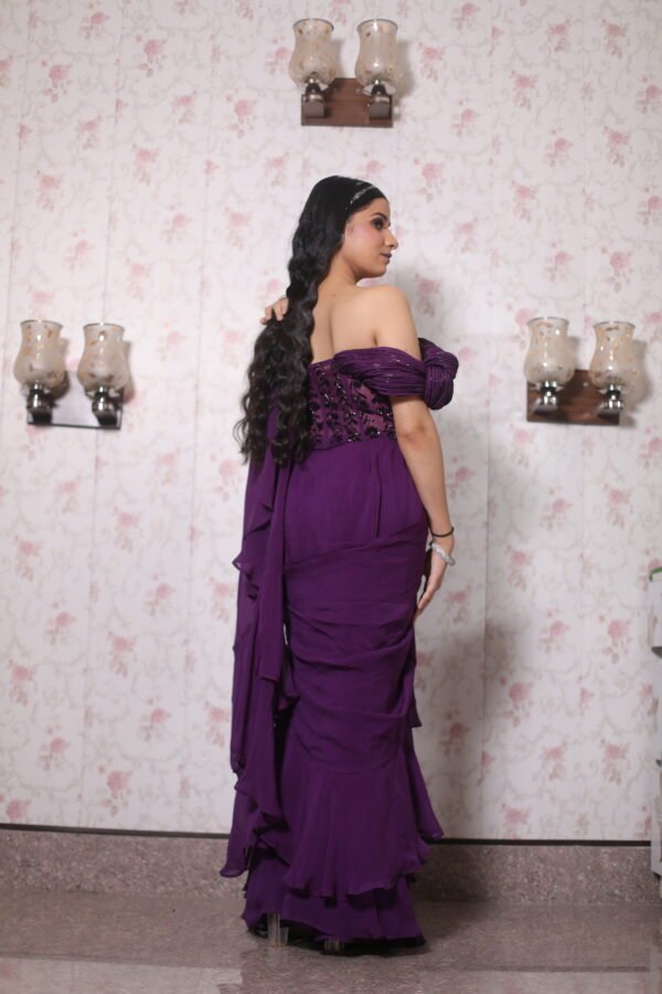 Indo-Western Drape Saree With Corset Blouse in Organza Deep Purple - Image 5