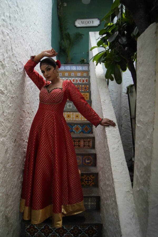 Anarkali Suit Choli Cut Style in Pure Banarsi  Brocade Satin Red