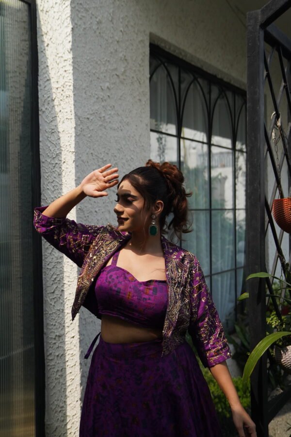 Printed Lehanga Jacket Style With Zari Work in Tussar Silk Purple - Image 3