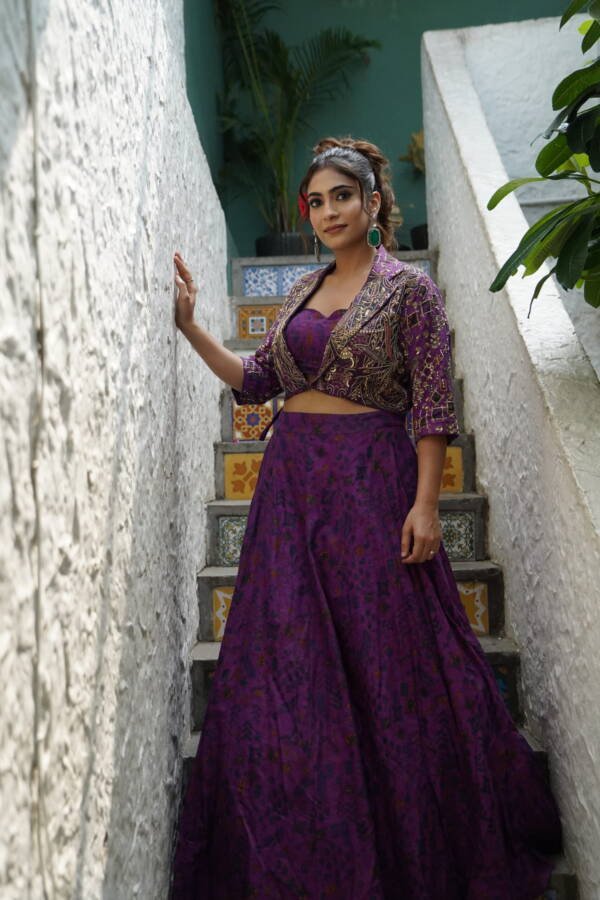 Printed Lehanga Jacket Style With Zari Work in Tussar Silk Purple