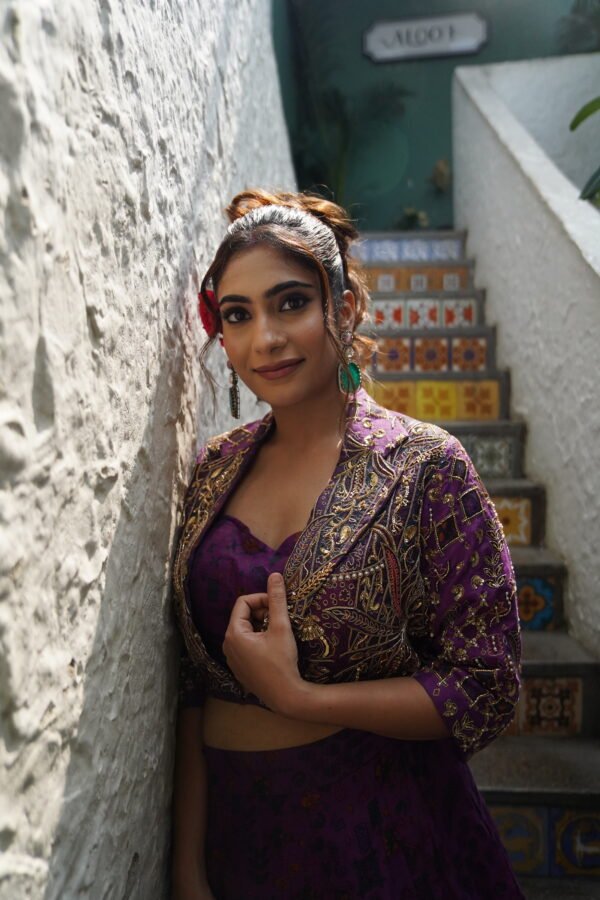 Printed Lehanga Jacket Style With Zari Work in Tussar Silk Purple - Image 2