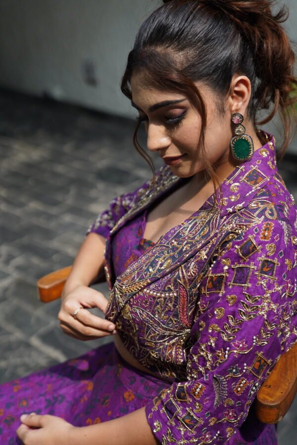 Printed Lehanga Jacket Style With Zari Work in Tussar Silk Purple - Image 5