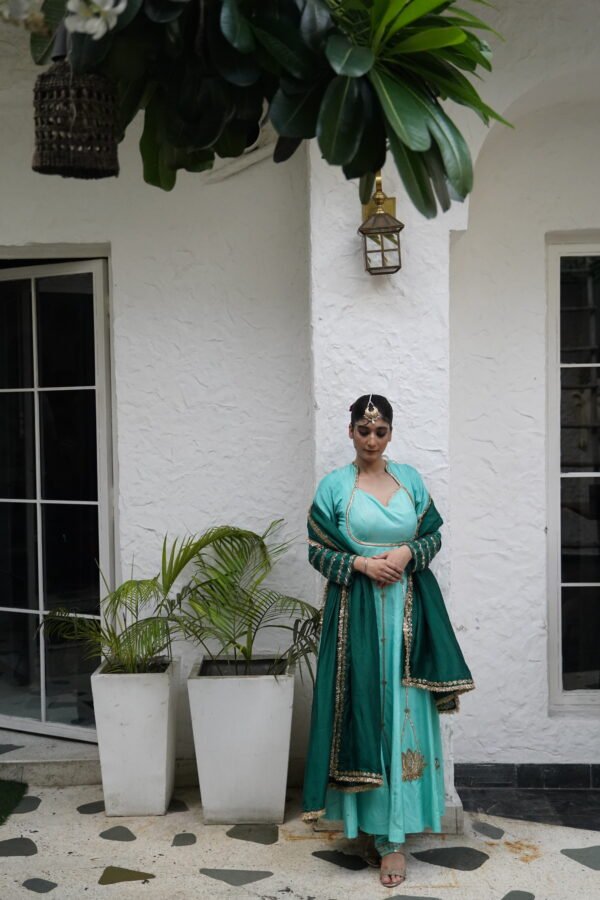 Ankle Length Anarkali Suit With Lotus Motifs Ombre Sleeves in Opada Silk Green - Image 2