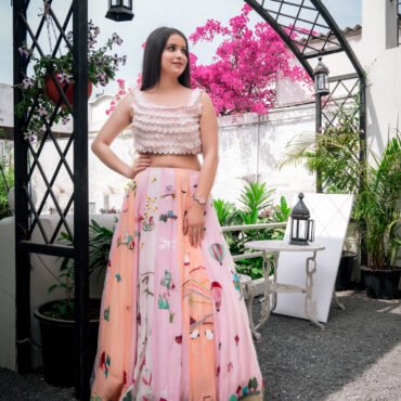Lehanga With Quirky & Vibrant Resham Work in Organza Pastel Pink Peach