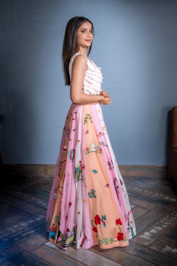 Lehanga With Quirky & Vibrant Resham Work in Organza Pastel Pink Peach - Image 5