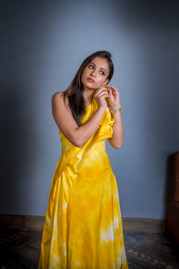 Indo-Western One Shoulder Style Gown With Slit in Cotton Satin Tie & Dye Yellow - Image 2