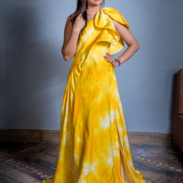Indo-Western One Shoulder Style Gown With Slit in Cotton Satin Tie & Dye Yellow