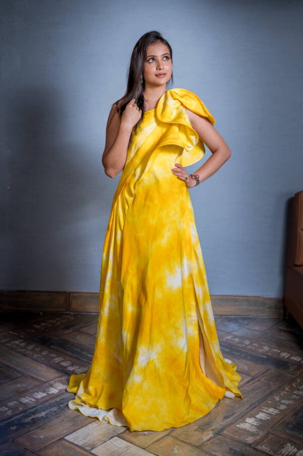 Indo-Western One Shoulder Style Gown With Slit in Cotton Satin Tie & Dye Yellow