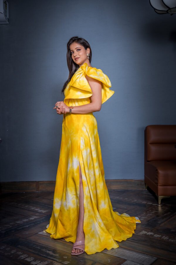 Indo-Western One Shoulder Style Gown With Slit in Cotton Satin Tie & Dye Yellow - Image 4