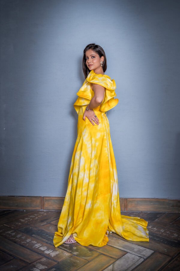 Indo-Western One Shoulder Style Gown With Slit in Cotton Satin Tie & Dye Yellow - Image 3