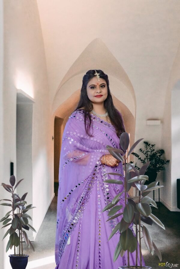 Lehanga With Mirror Work in Raw Silk and Organza Lilac Purple - Image 4